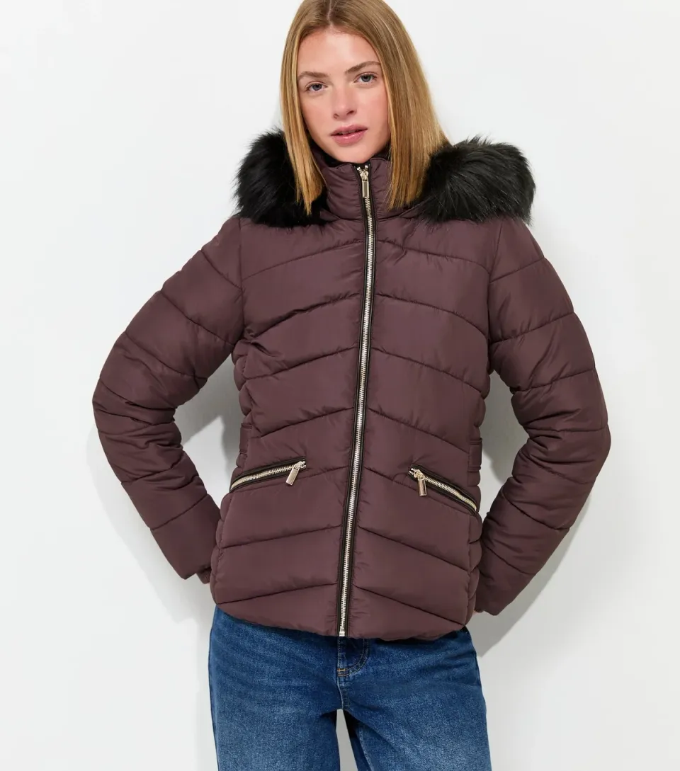 Women's Black Faux Fur Hooded Puffer Jacket