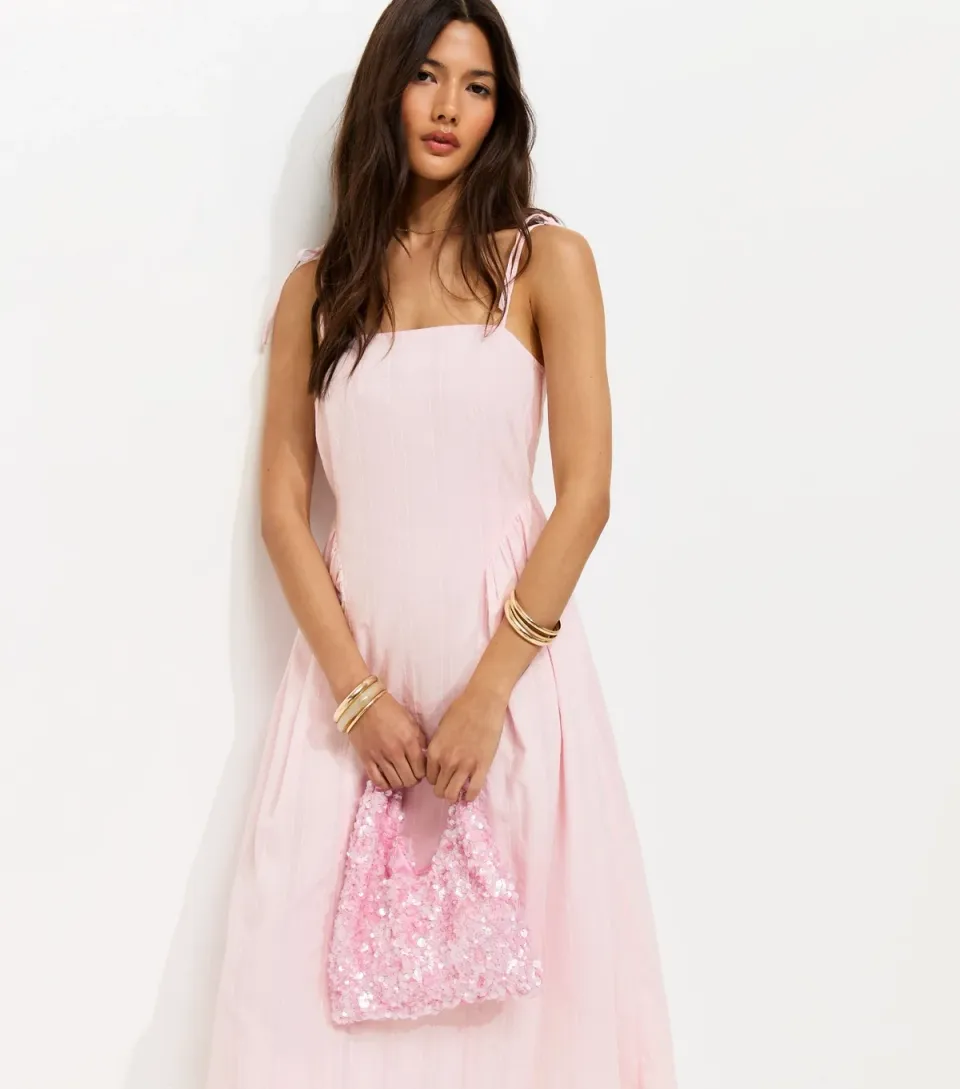 Women's Light Pink Cotton Cami Strap Corset Ruched Hip Midi Dress