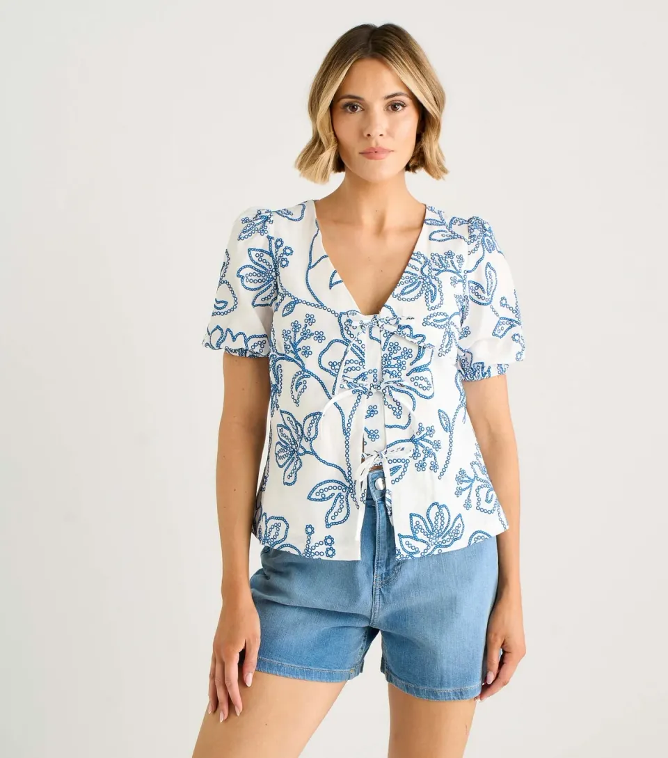 Women's Blue Cotton Floral Print Puff Sleeve Top