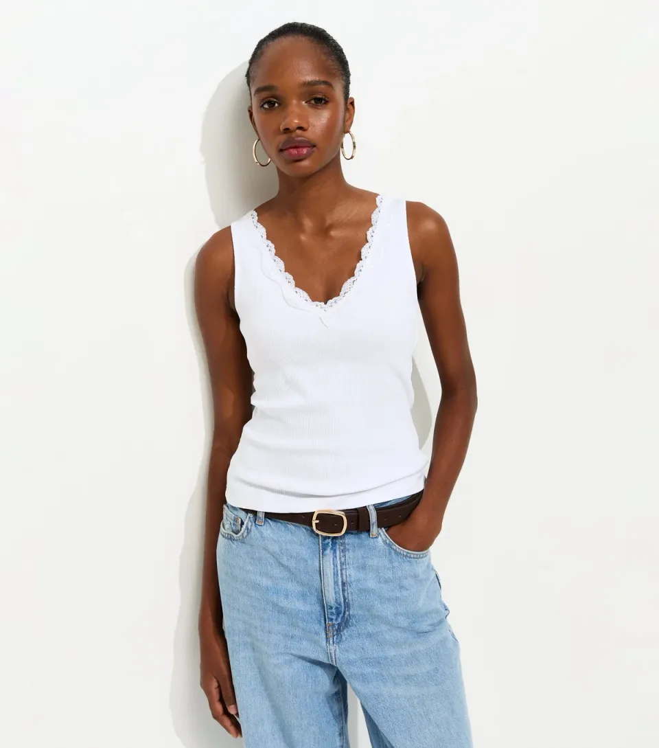 Women's White V Neck Lace Trim Vest