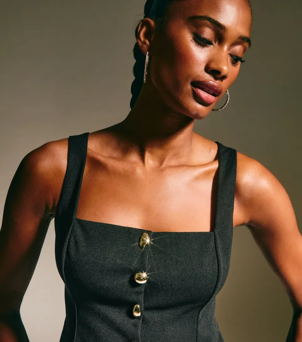 Women's Brown Square Neck Button Up Top
