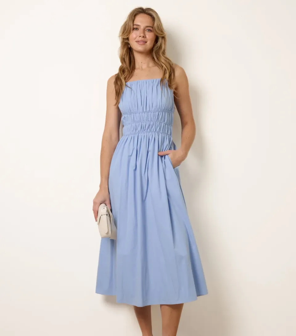 Women's Blue Ruched Bust Strappy Midi Dress