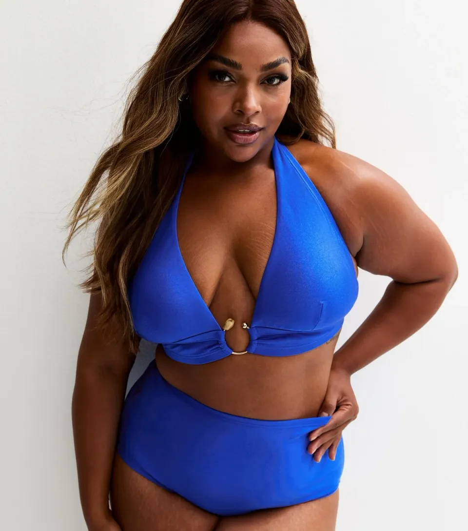 Women's Plus Size Bright Blue Ring Detail Halterneck Bikini Top Curves