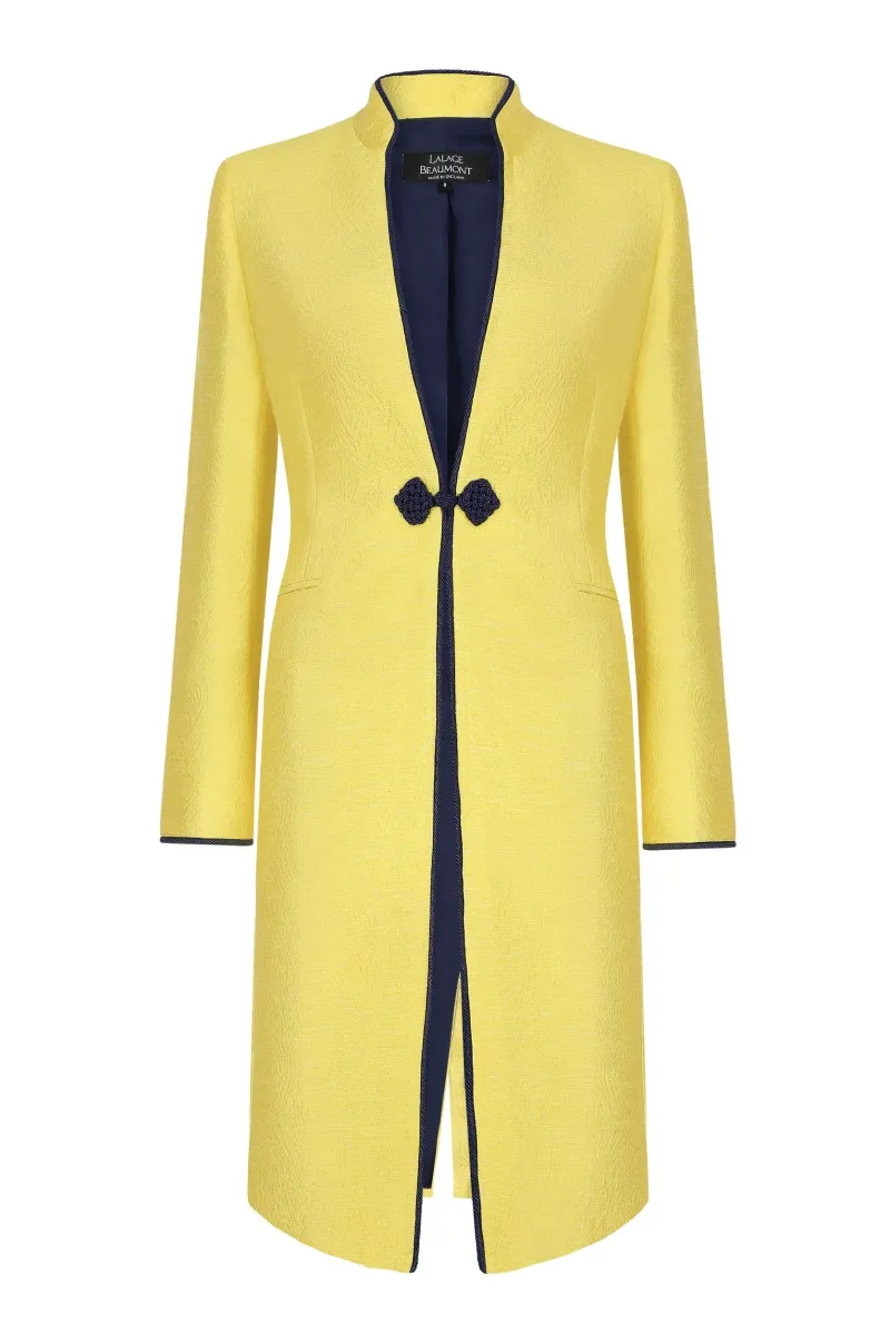 Yellow Dress Coat in Summer Brocade with Cord Trim and Frogging - Vicky