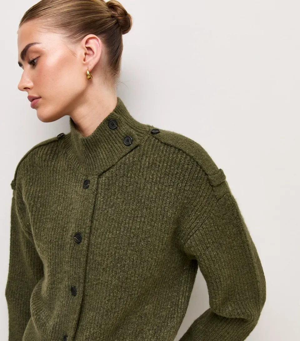 Women's Dark Khaki Ribbed Knit Funnel Neck Cardigan