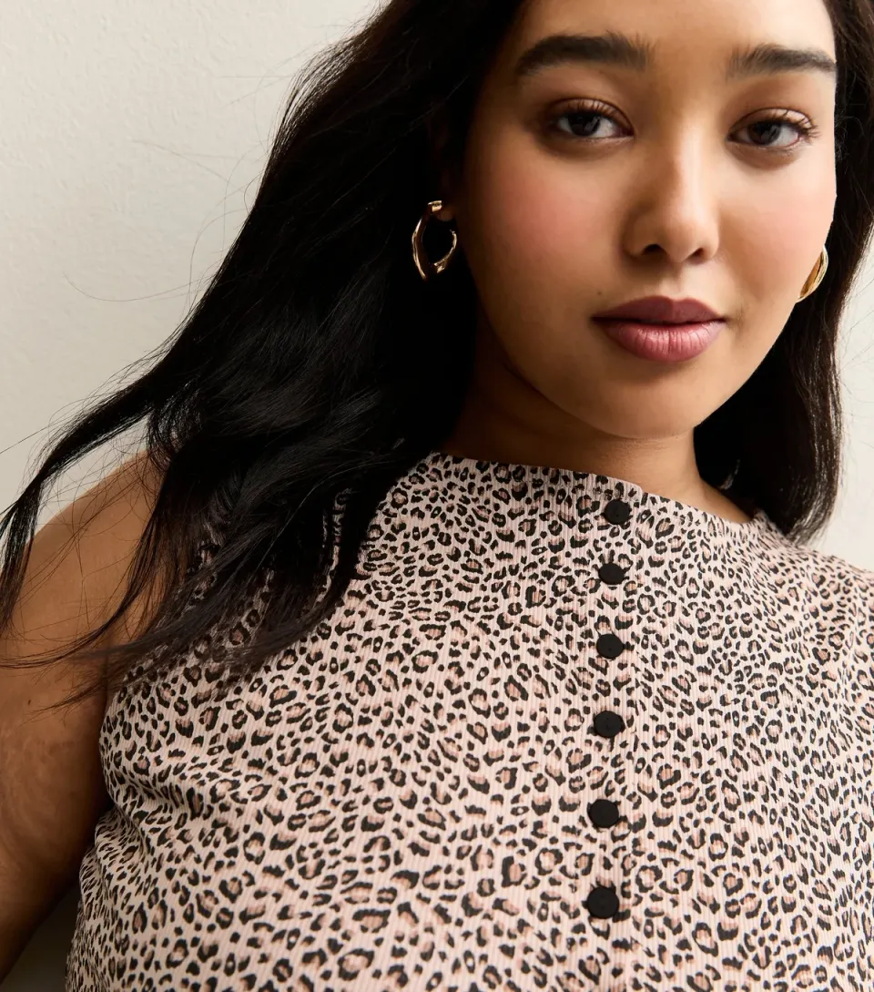 Women's Plus Size Brown Cotton Rich Leopard Print Button Through Tank Top Curves