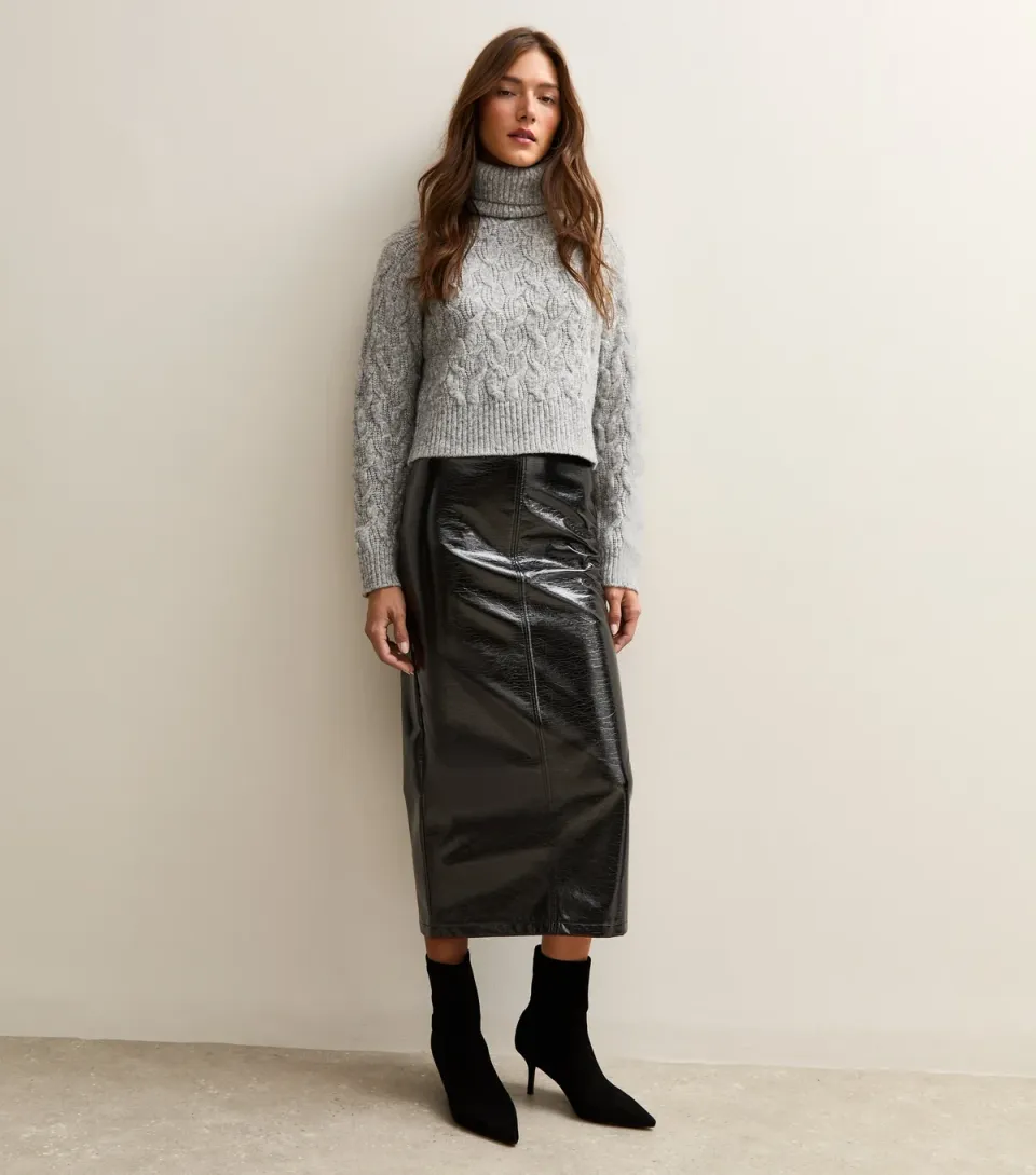 Women's Black Cracked Faux Leather Midi Skirt