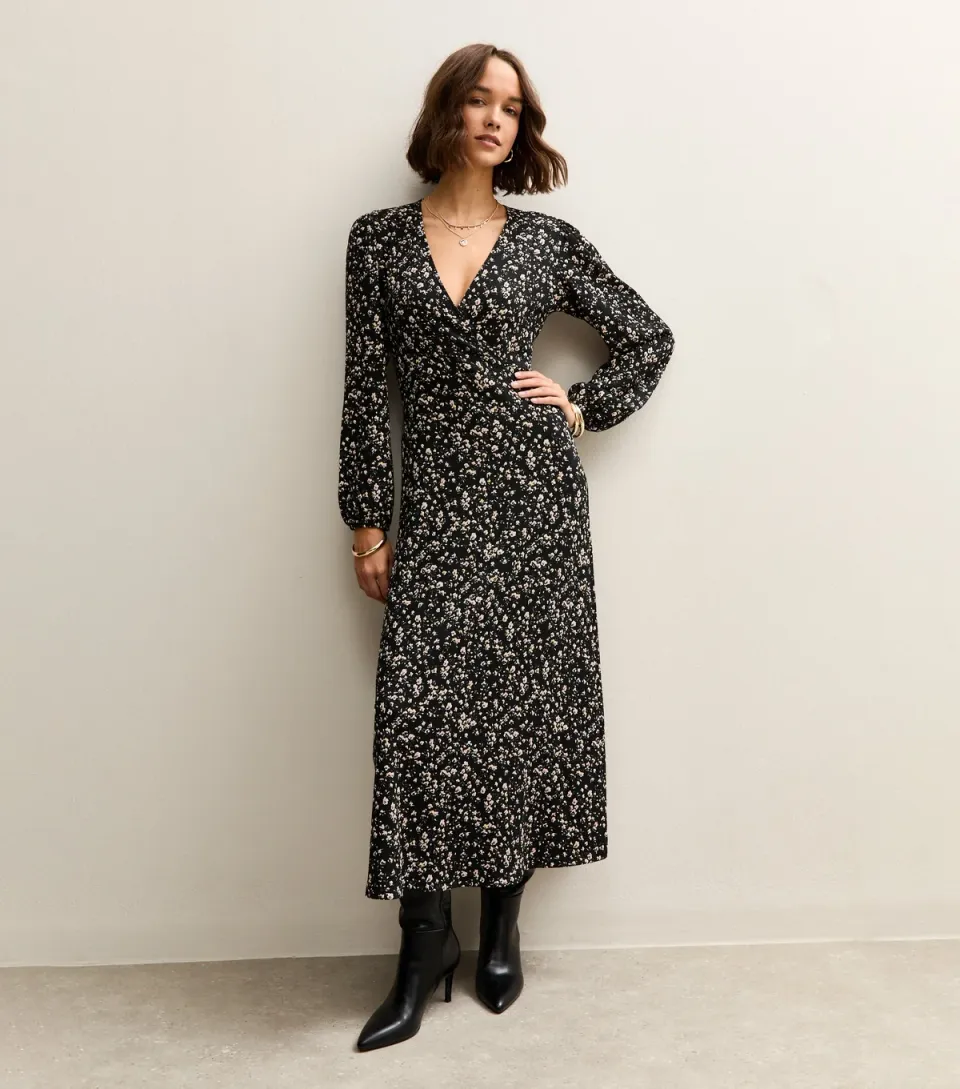 Women's Black Floral Wrap Midi Dress
