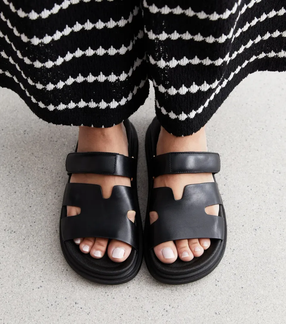 Women's Black Leather-Look Chunky Sliders Vegan