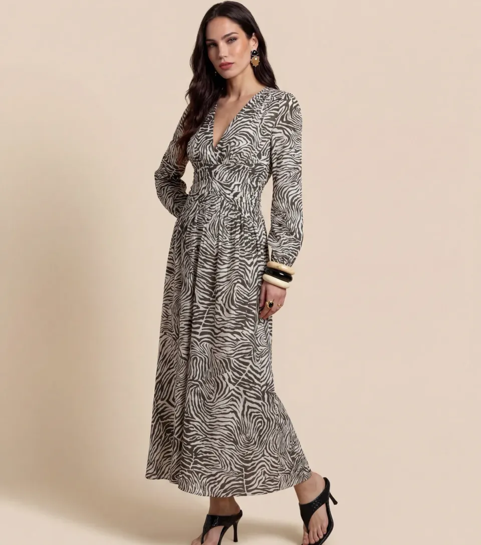 Women's Khaki Zebra print Long Sleeve Maxi Dress