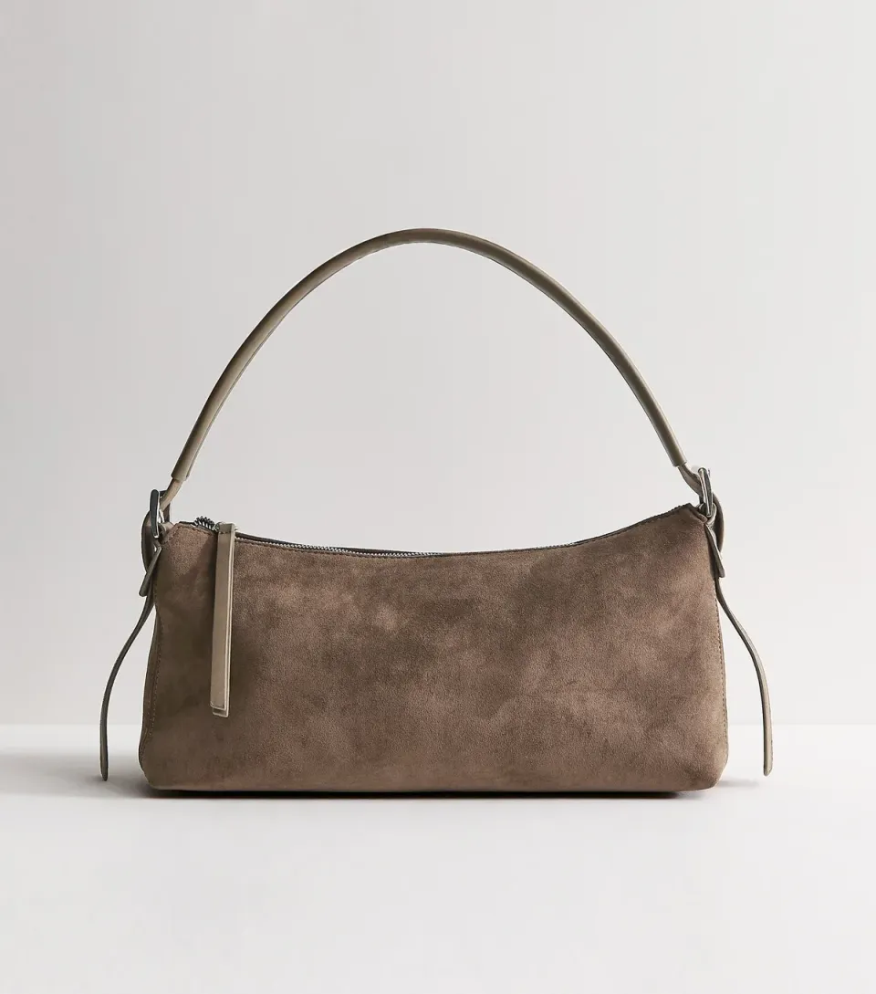 Grey Faux Suede Shoulder Bag