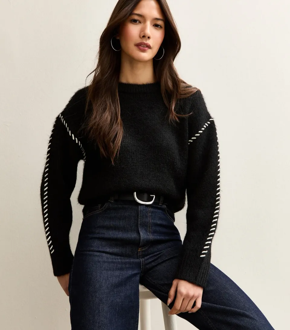 Women's Black Contrast Stitch Brushed Jumper