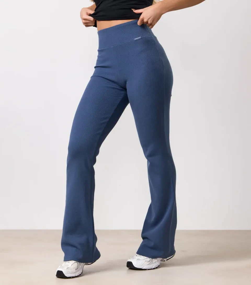 Women's Bright Blue Ribbed Flared Leggings