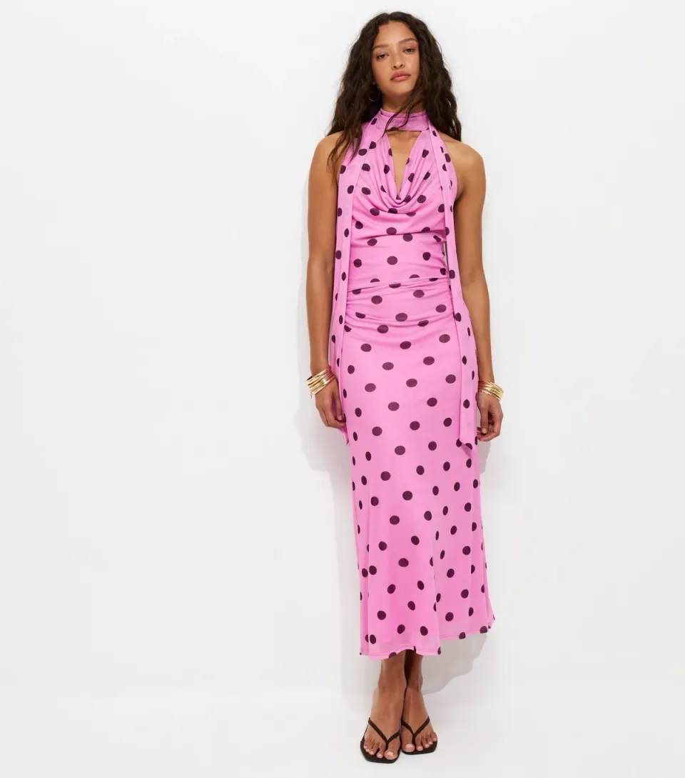 Women's Pink Polka Dot Cowl Neck Scarf Trim Midi Dress