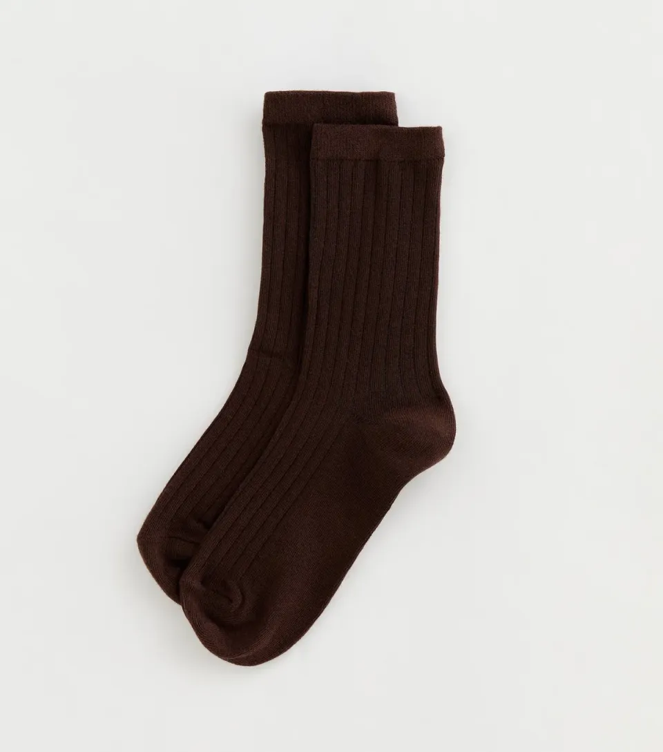 Dark Brown Ribbed Ankle Socks