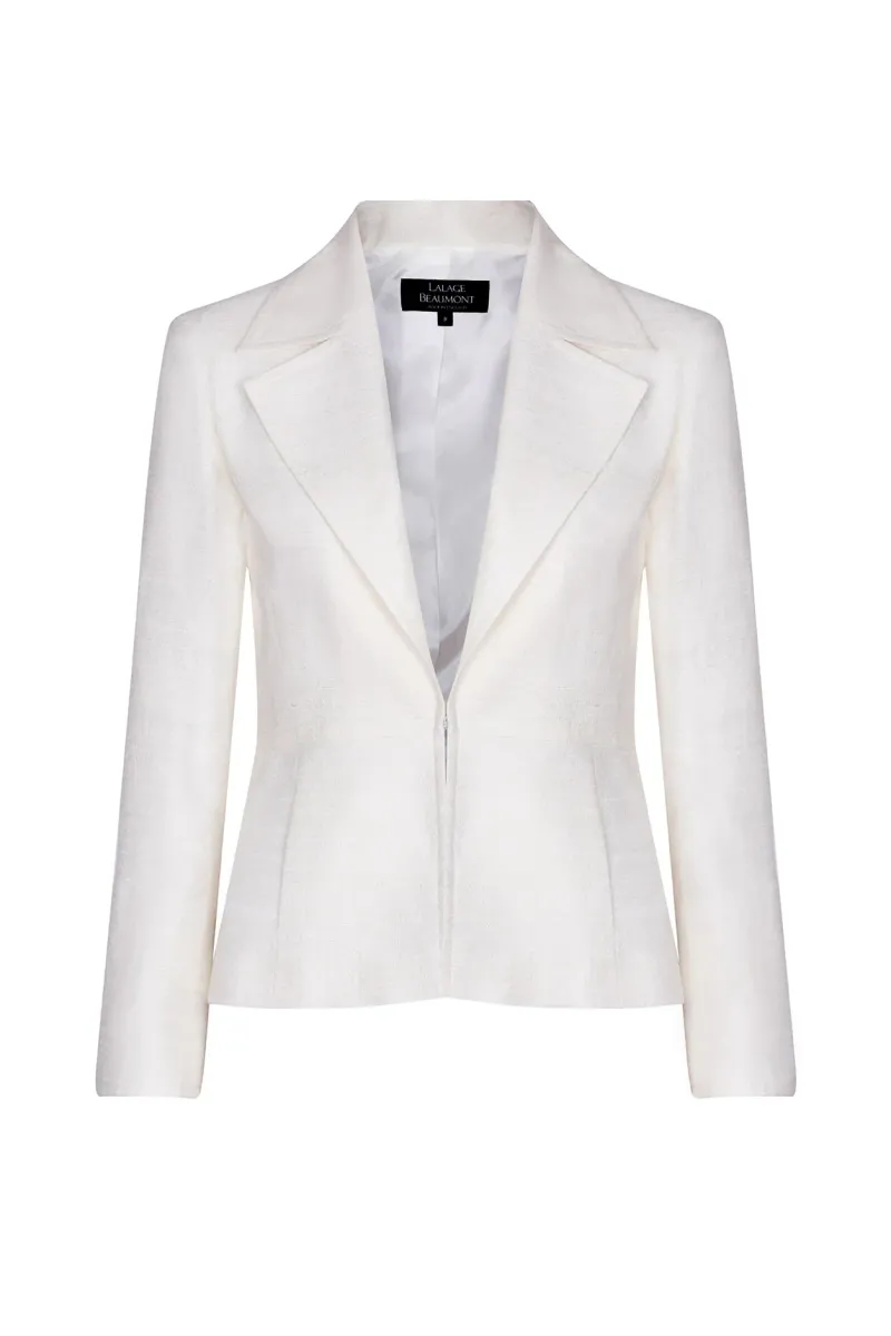 Ivory Raw Silk Tussar Fitted Jacket with Wide Collar and Waist Fastening - Joanna