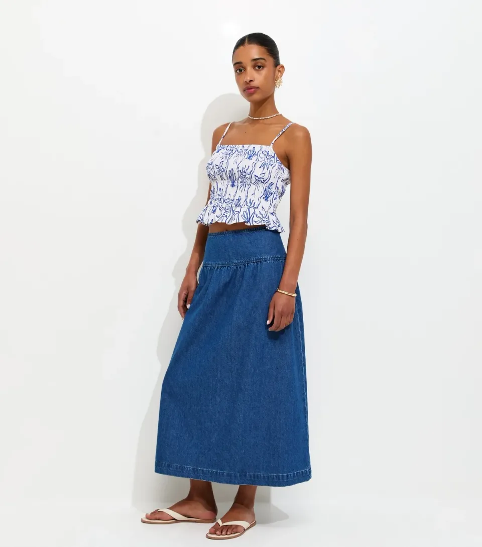 Women's Blue Drop Waist Denim Midi Skirt