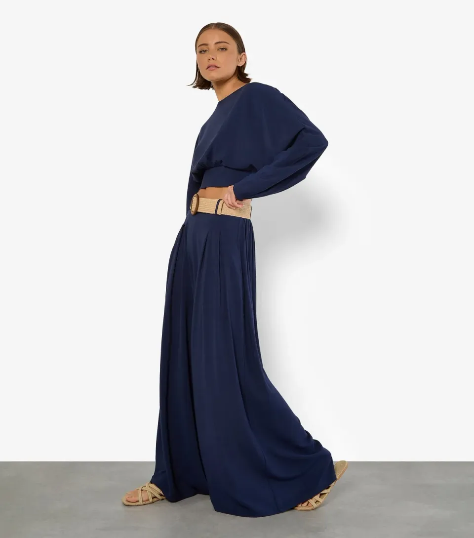 Women's Navy Belted Palazzo Trousers