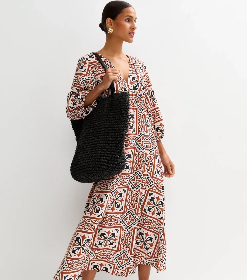 Women's Pink Tile Print Tie Neck Midi Dress