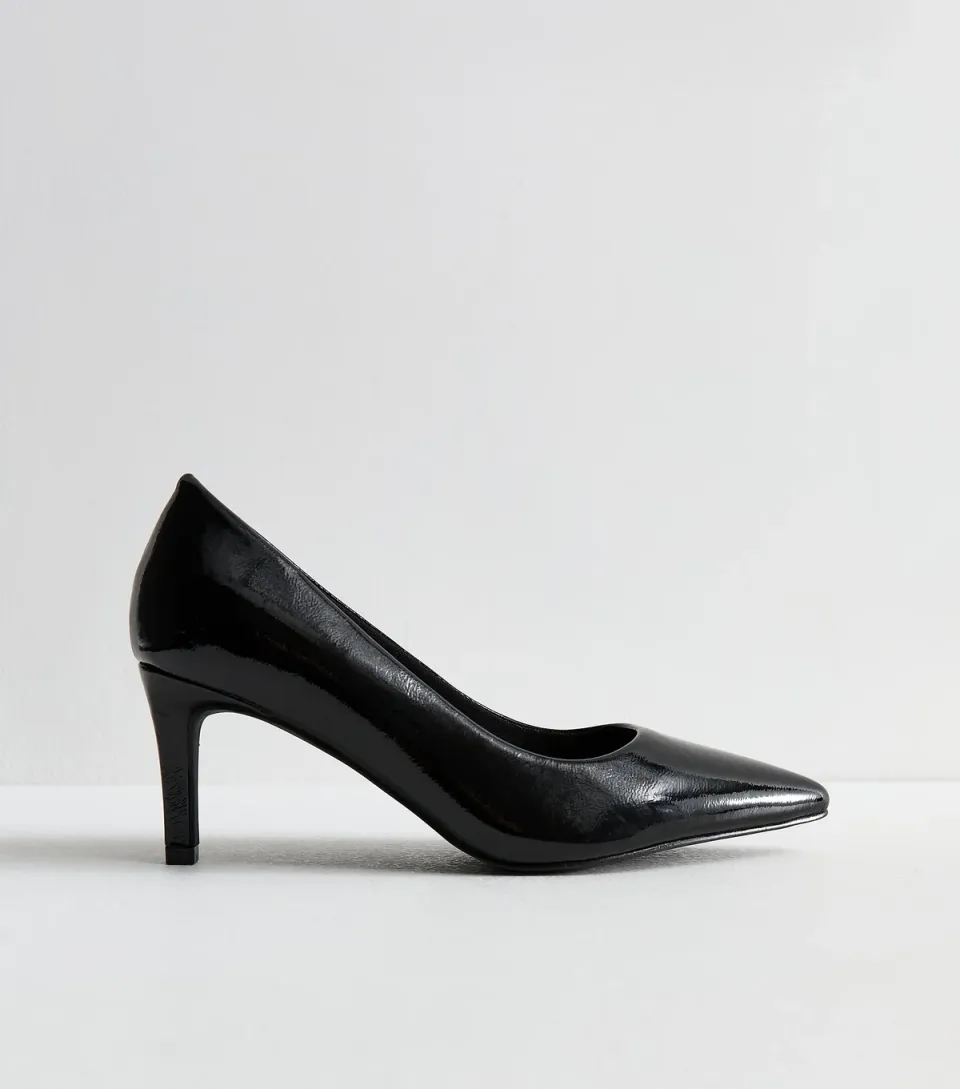 Women's Wide Fit Black Patent Faux Leather Pointed Toe Pumps Vegan