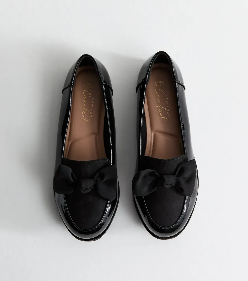 Women's Extra Wide Fit Black Patent Faux Leather Bow Front Loafers Vegan