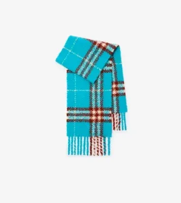 Check Alpaca Wool Blend Bouclé Scarf in Atom blue