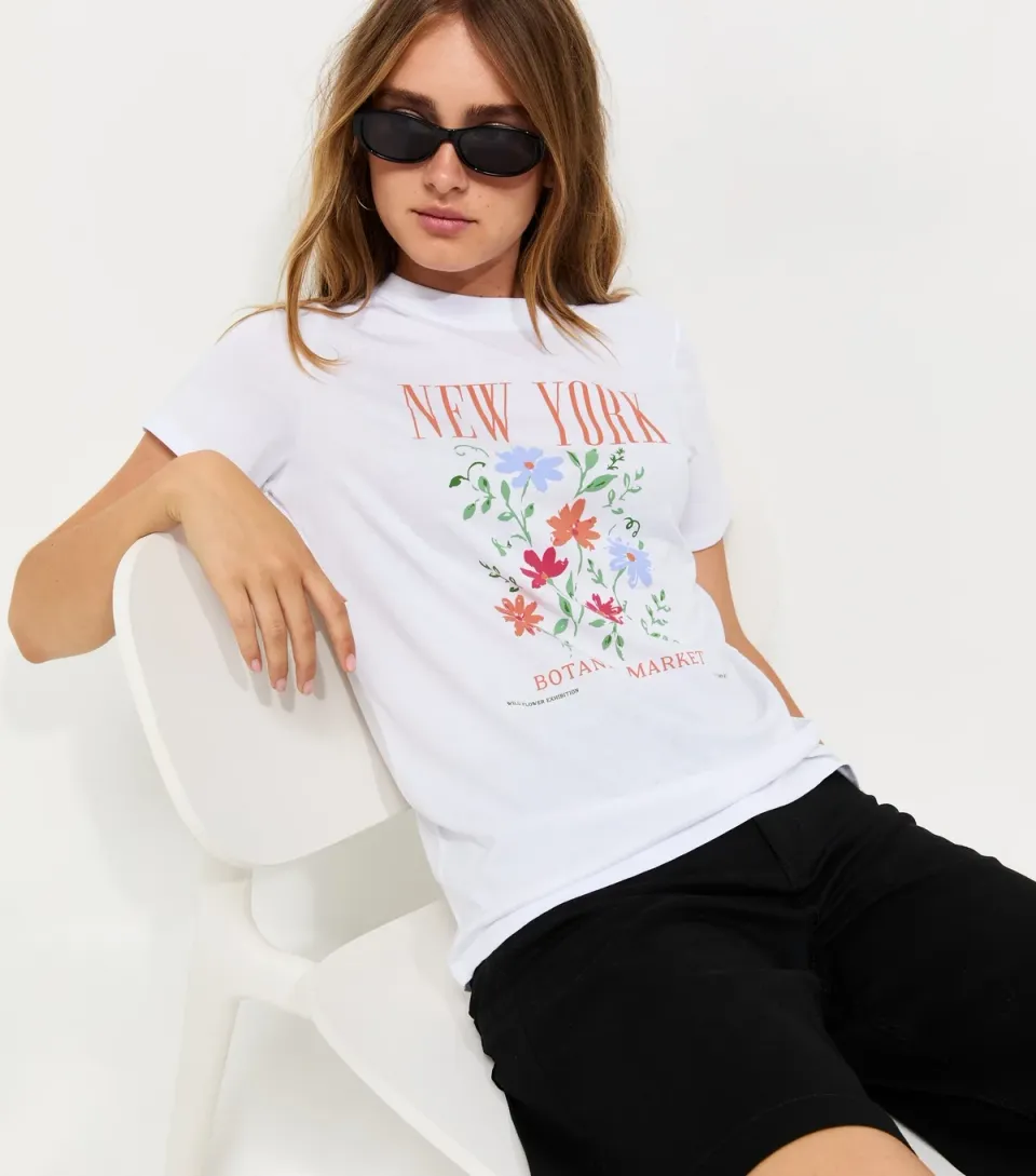 Women's White Cotton New York Flower Print Relaxed T-Shirt