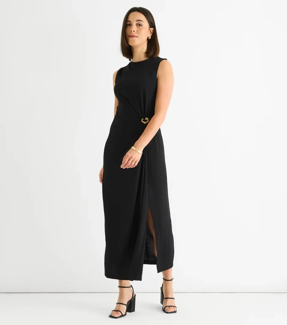 Women's Black Ruched Metal Trim Midi Dress