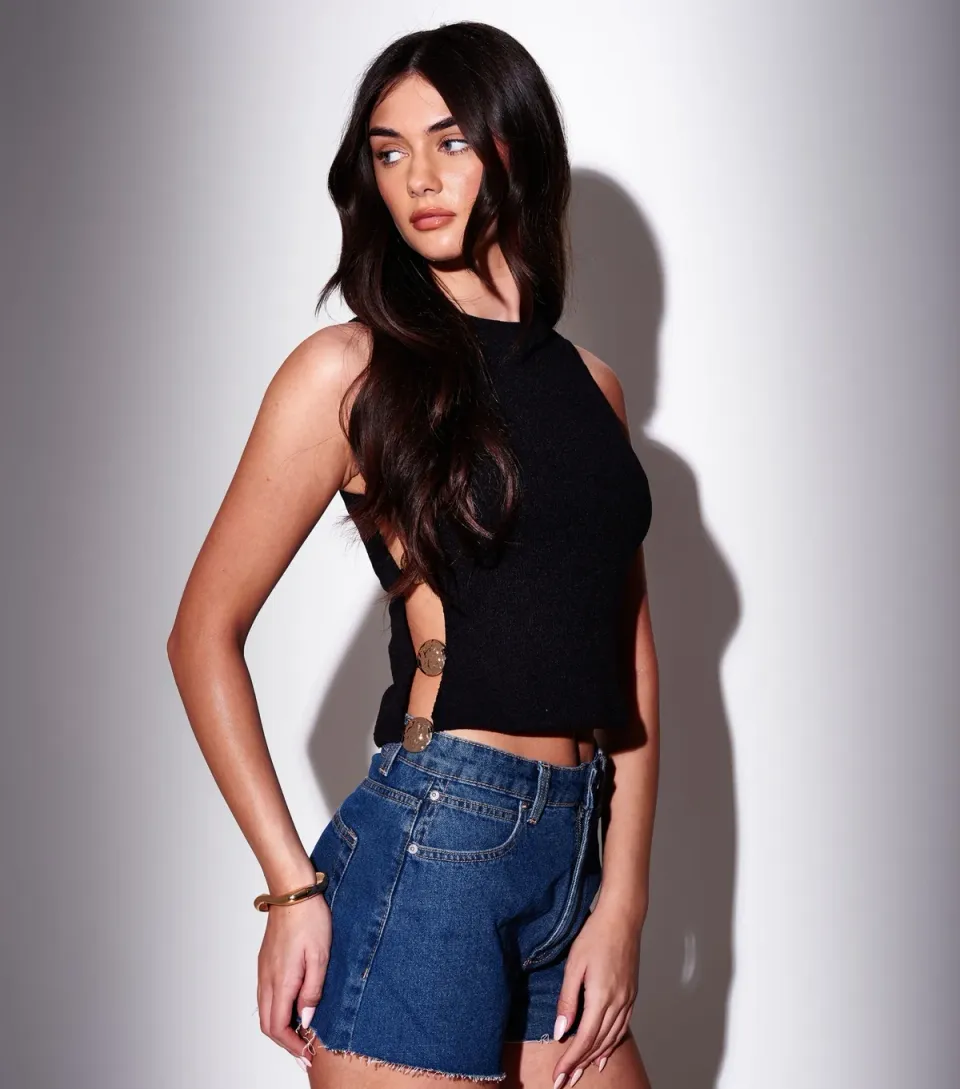 Women's Black Knit Top with Hammered Side Disks