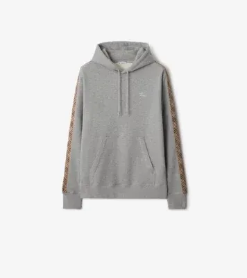 Check Trim Cotton Hoodie in Pale grey melange