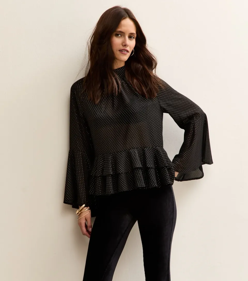 Women's Black Metallic Detail High Neck Blouse