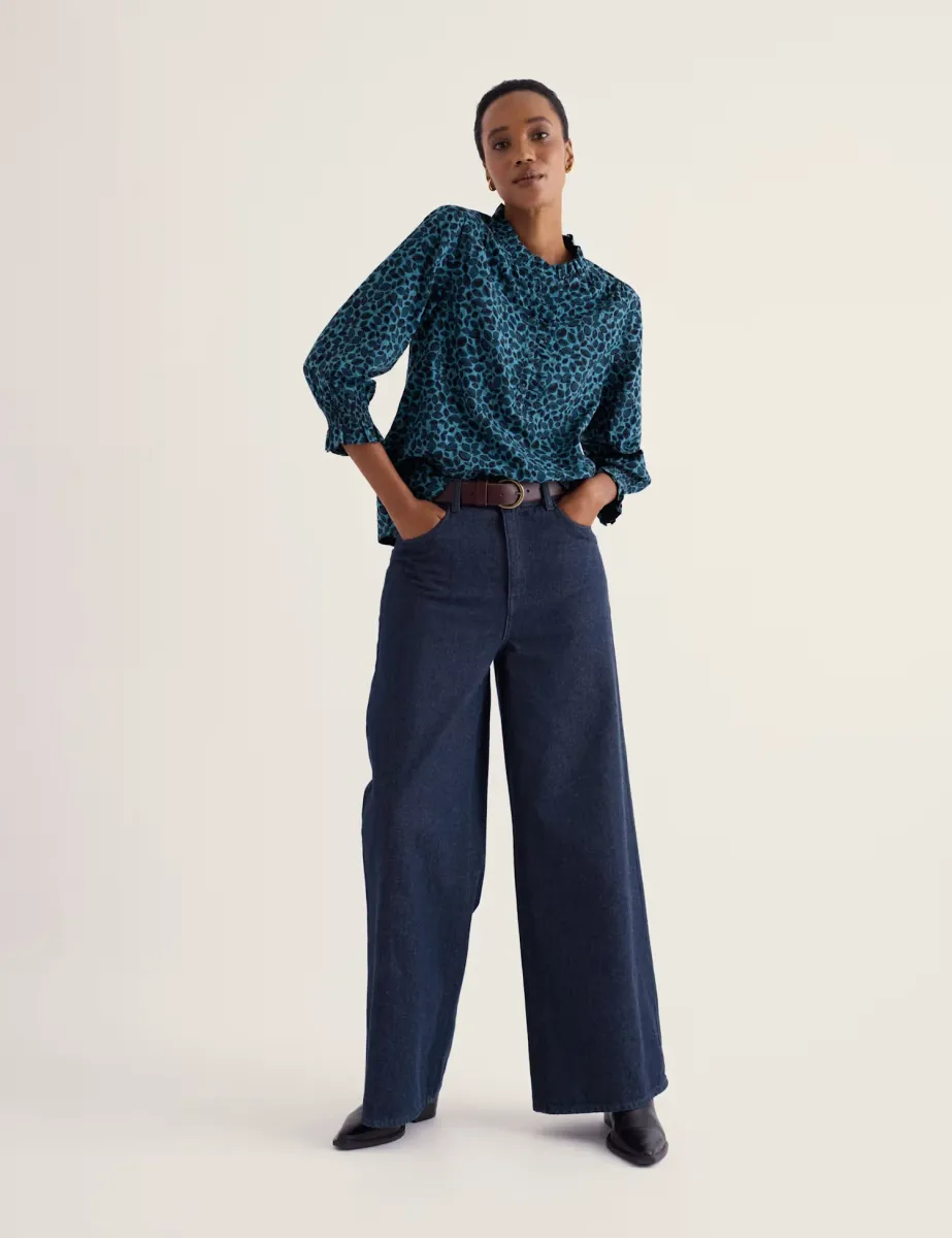 Cotton Rich Printed High Neck Relaxed Frill Detail Top