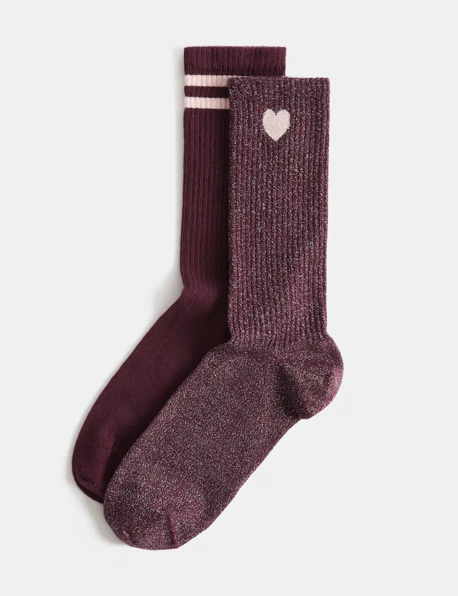 2 Pack Cotton Rich Sparkle Crew Socks Burgundy Mix
