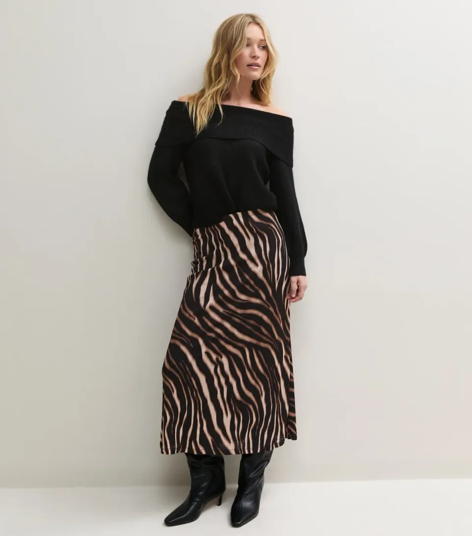 Women's Brown Zebra Print Satin Midi Skirt