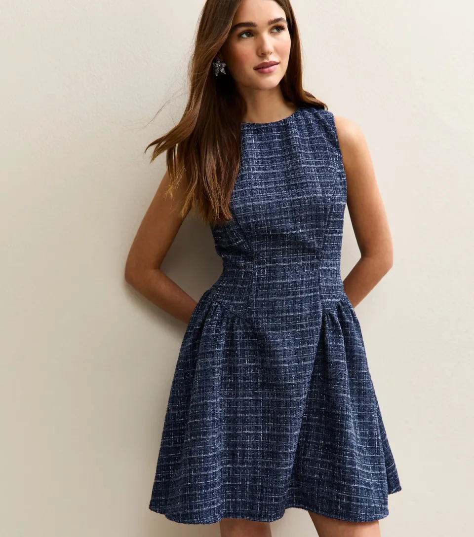 Women's Navy Boucle Sleeveless Mini Dress