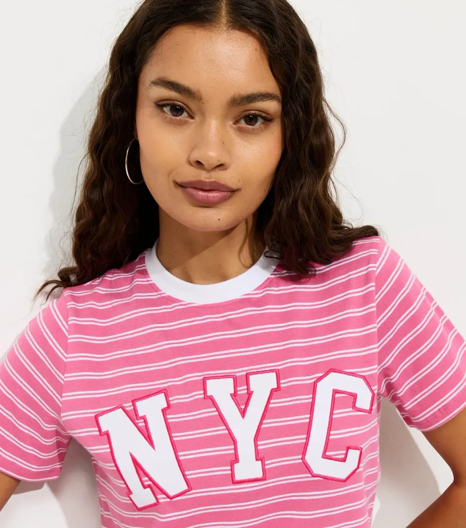 Women's Petite Pink Cotton Striped NYC Relaxed T-Shirt