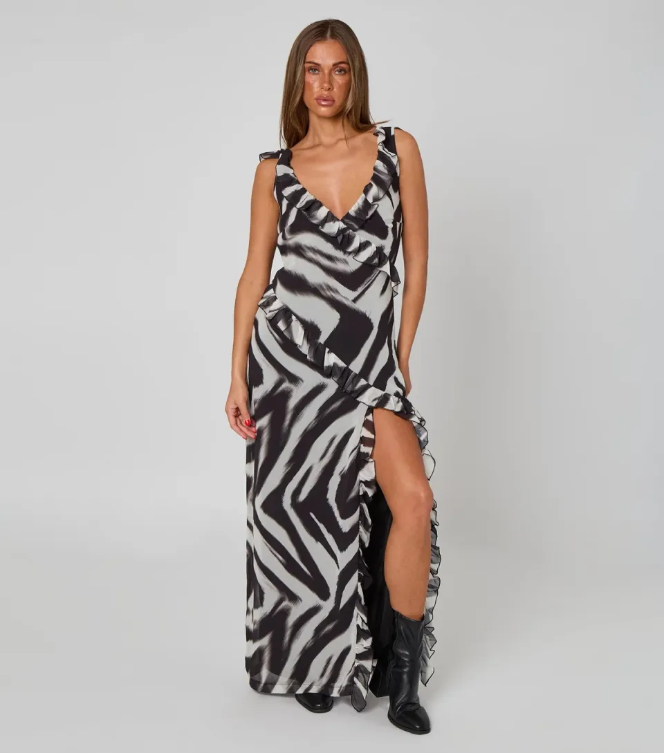Women's Black Zebra Ruffle Maxi Dress