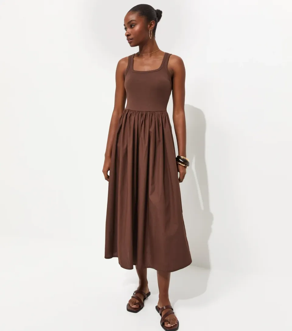 Women's Dark Brown 2-In-1 Poplin Midi Dress