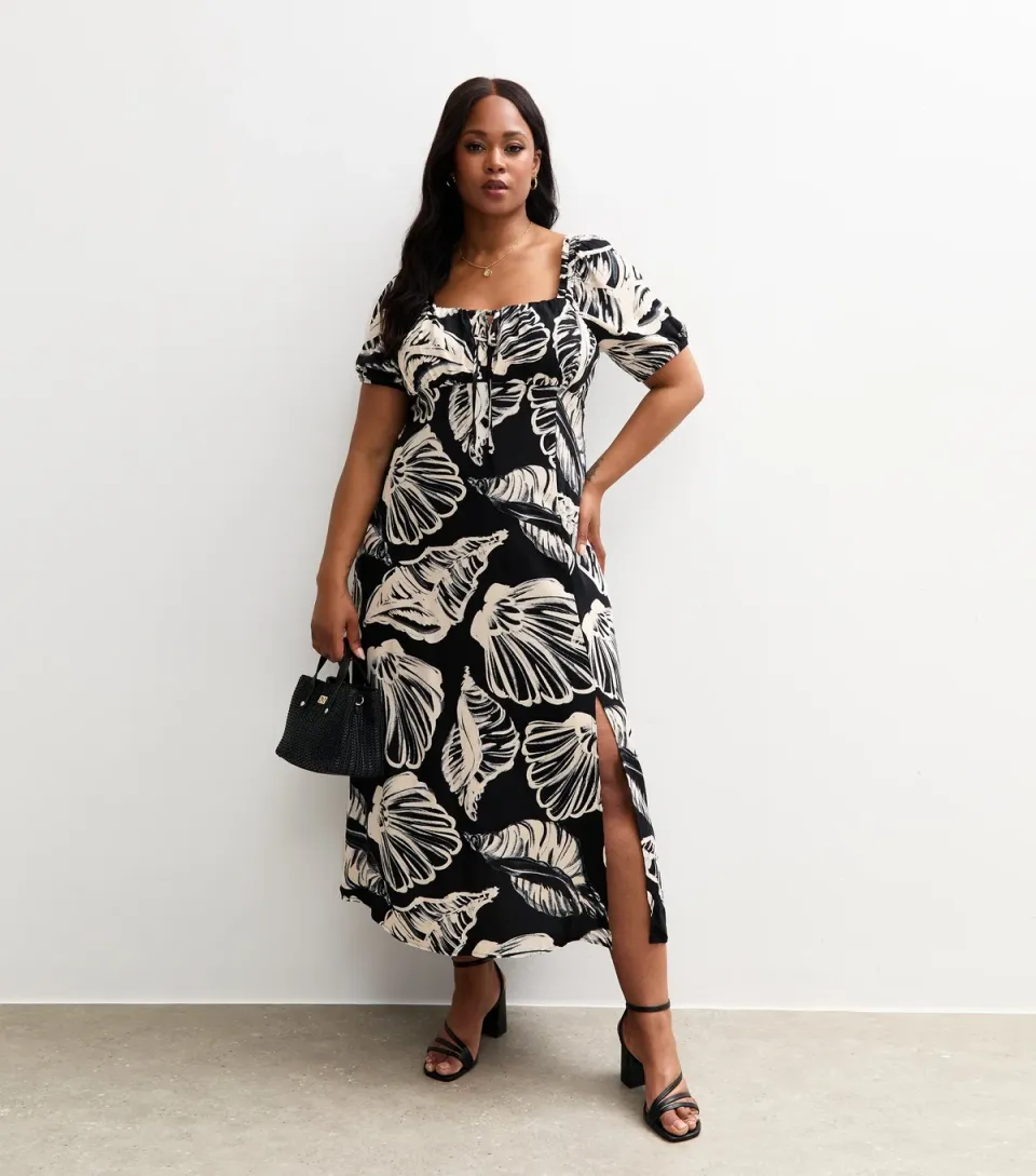 Women's Plus Size Black Shell Print Milkmaid Midi Dress Curves