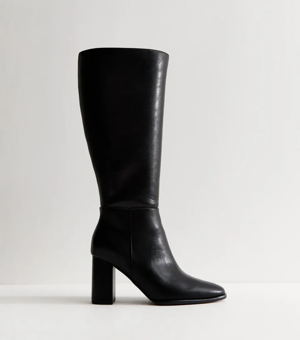 Women's Extra Calf Fit Black Faux Leather Block High Leg Boots Vegan
