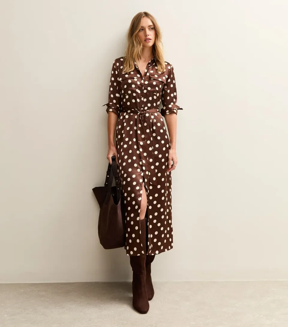 Women's Brown Satin Polka Dot Midi Shirt Dress