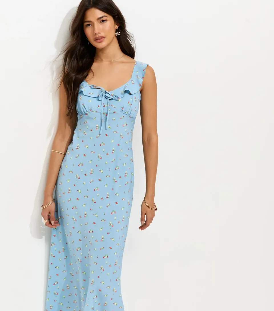 Women's Light Blue Ditsy Ruffle Strappy V Neck Midi Dress