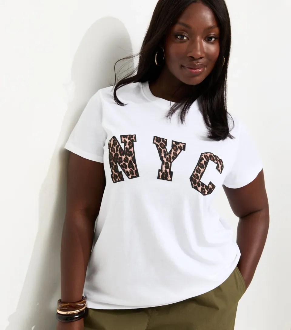 Women's Plus Size White Leopard NYC Relaxed Fit T-Shirt Curves