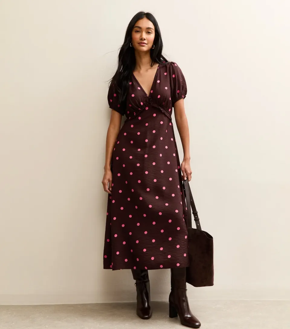 Women's Black Polka Dot Print Short Sleeve Midi Dress