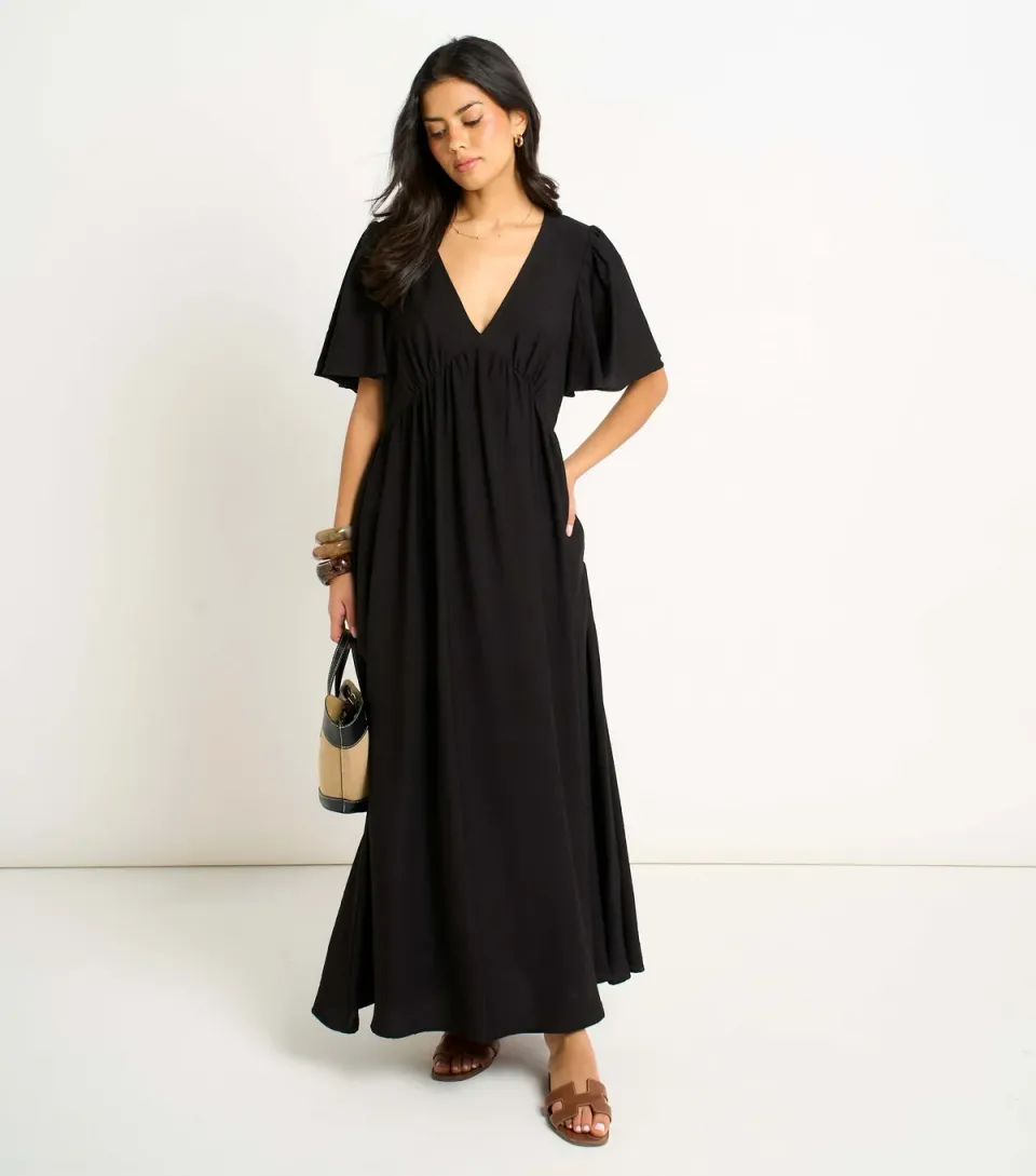 Women's Black V Neck Skater Maxi Dress