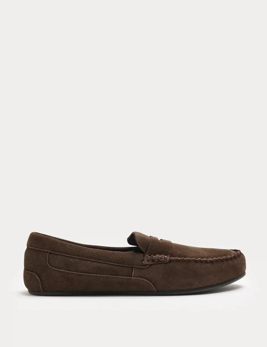 Suede Moccasin Slippers with Freshfeet Dark Brown