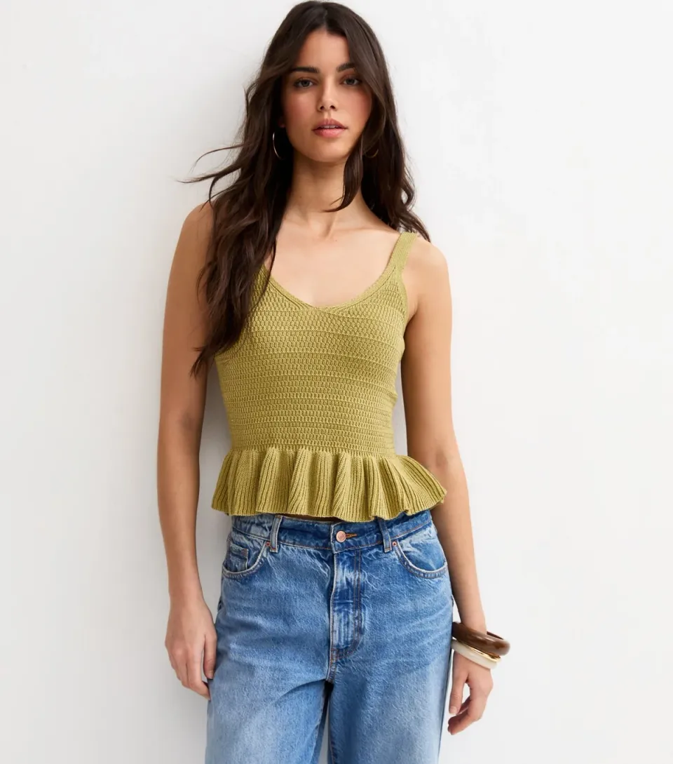 Women's Green Cotton Rich Textured Knit Peplum Cami Vest