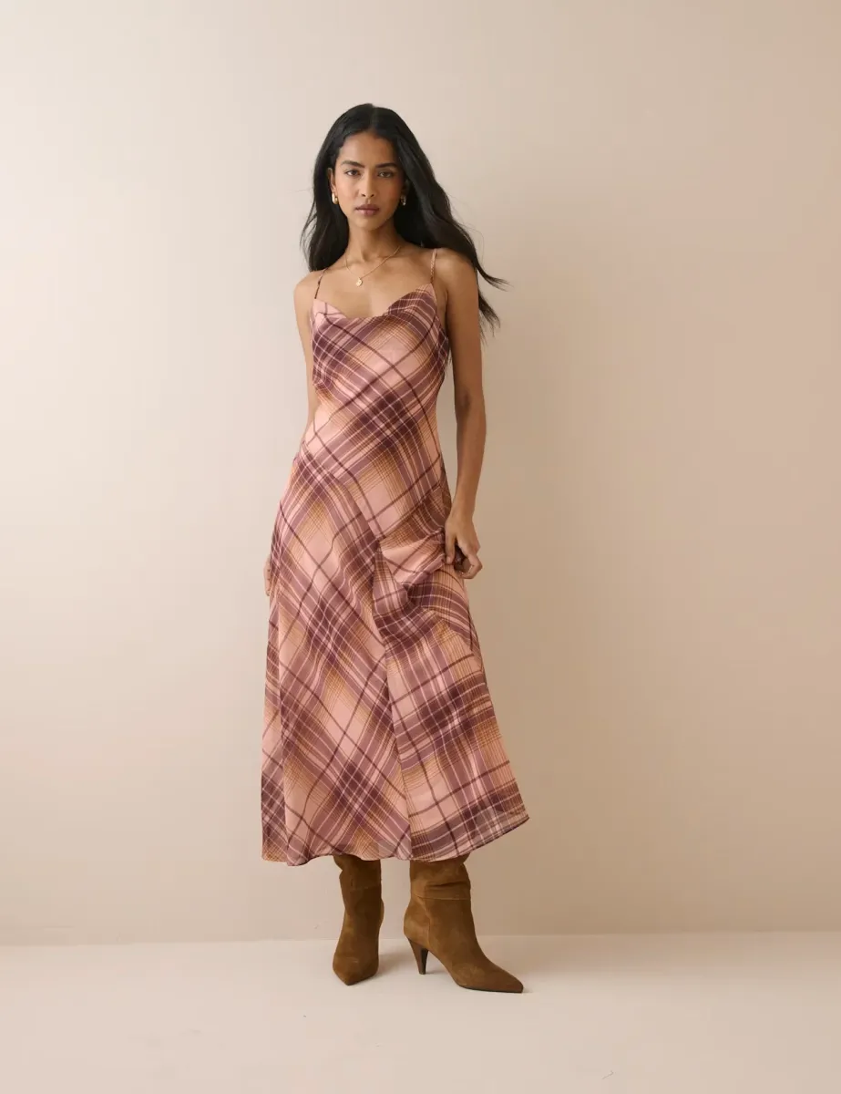 Checked Cowl Neck Midi Slip Dress Red