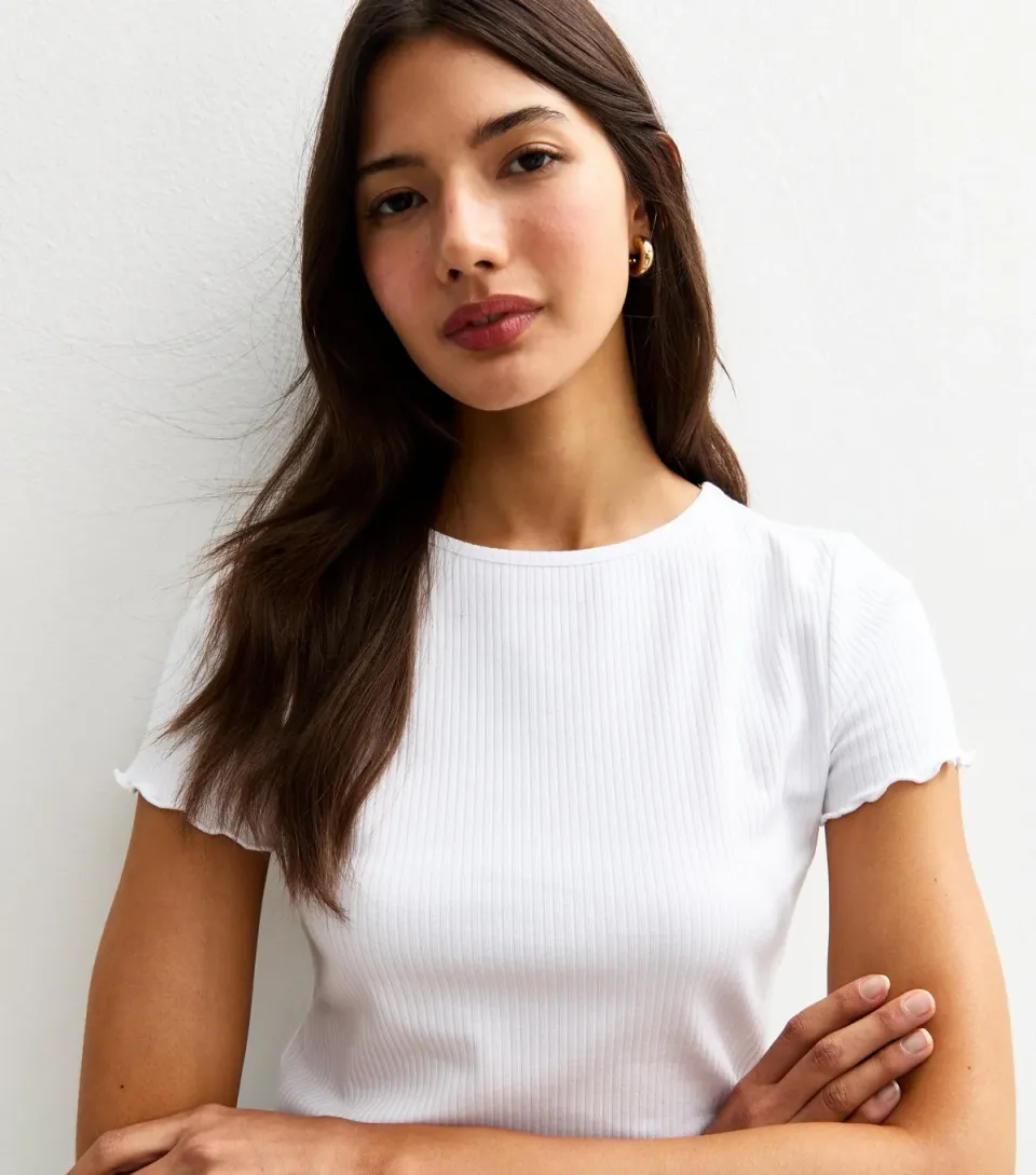 Women's White Ribbed Frilly Trim T-Shirt