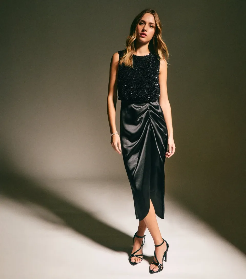 Women's Black Sequin 2 in 1 Midi Dress